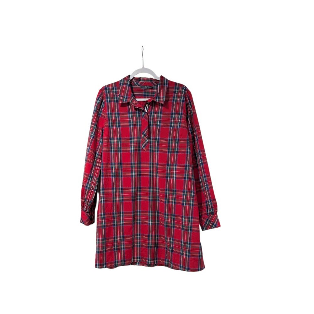 Vineyard Vines Red Plaid Poplin Popover Stretch Partial Button Up Mini Dress XL